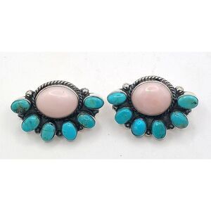 Southwestern Sterling Silver Pink Conch Turquoise Cluster Earrings Large Paw
